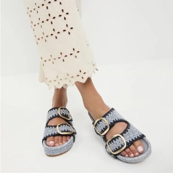 Loeffler Randall Theo Sandal 7 Blue Black Raffia Woven Platform Slide - Picture 2 of 12